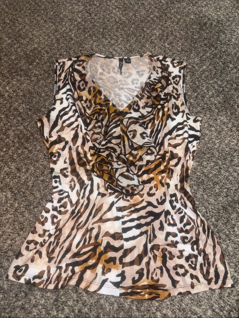 Milano Animal Print Sleeveless v Neck ruffle Top - Brown/Black/White